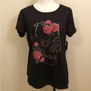 Gold Foil Skull and Rose Black T-Shirt
